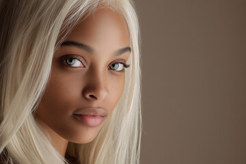 Naklejka premium Studio portrait. Stark contrast. A beautiful young African American model with platinum blond hair. Light brown background. Direct gaze. Gray eyes