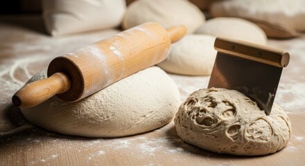 Rustic bread making scene with wooden rolling pin and dough preparation for artisan baking concept