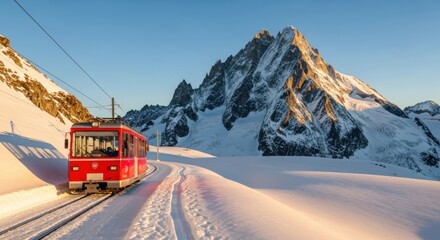 Scenic alpine train journey through snow-covered mountains at sunrise for travel adventure inspiration