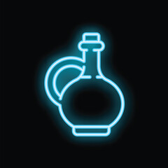Blue neon sign of a traditional bottle shining brightly on a black background