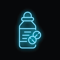 Neon sign glowing blue depicting a bottle of pills on a black background