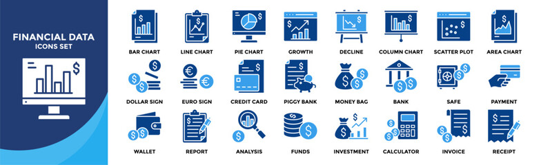 Obraz premium Financial Data icon collection set. Containing design Bank, Payment, Invoice, Report, Analysis, Investment