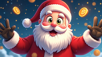 An anime-style Santa Claus with large expressive eyes surrounded by floating Bitcoin coins, bright sparkles, and a dynamic festive composition full of energy