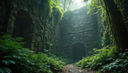 Ancient stone wall overgrown by tropical jungle foliage. Old cracked building with archway in forest. Moss, vine covered ruin. Landscape of weathered wall, secret place in nature, fairytale