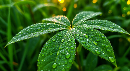 Fresh morning dew drops glistening on a star-shaped green leaf in the soft, golden glow of a beautiful sunrise