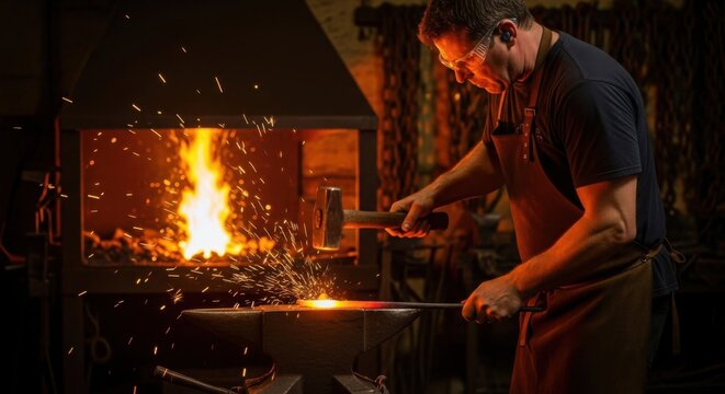 Blacksmith crafting metal in workshop with forge and anvil for traditional ironwork