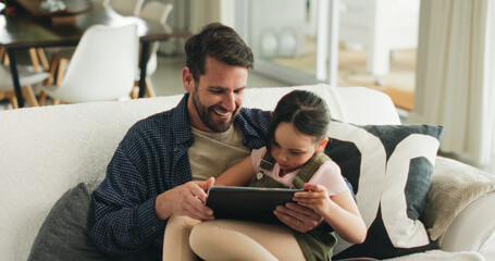Bonding, education or tablet with father and daughter on sofa in living room of home for development. App, reading with girl child and single parent man in apartment for online learning games
