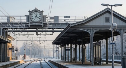 Obraz premium Winter morning scene at a snowy train station with vintage clock for travel design and railway enthusiasts