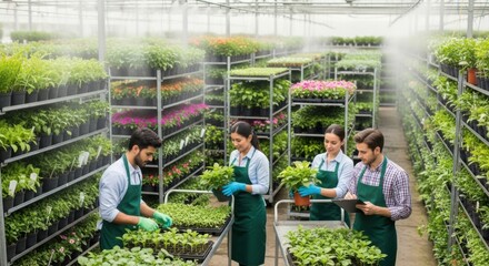 Team of greenhouse workers caring for plants and flowers in nursery with shelves displaying diverse vegetation for sustainable agriculture and horticulture