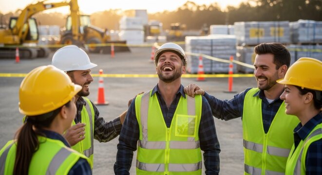 Construction team laughing together at building site - teamwork and safety in engineering projects - Powered by Adobe