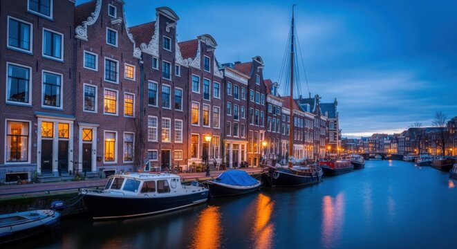 Evening canal scene in amsterdam with historic buildings and boats - Powered by Adobe