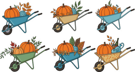 Autumn wheelbarrow illustration, fall harvest decor, pumpkins and leaves, seasonal foliage, Thanksgiving theme, colorful sketch, garden display art