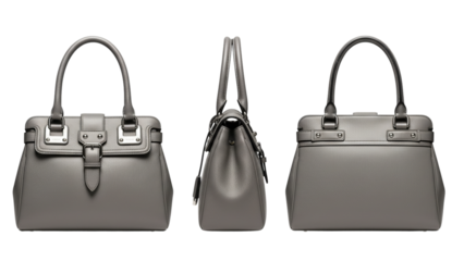 Three angles of a gray handbag isolated on transparent background for accessories
