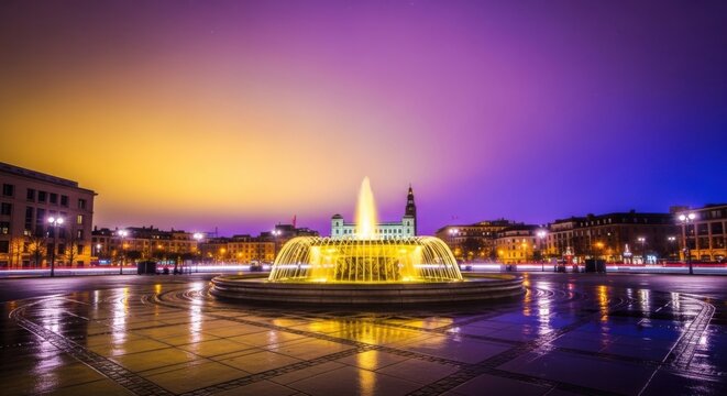 Illuminated city fountain at night with vibrant sky in urban square