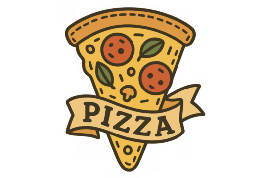 Pizza slice graphic with toppings and a pizza ribbon, conveying fast food snack or italian cuisine for menu designs