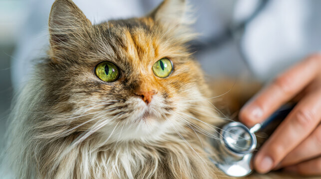 A fluffy long-haired tabby cat with bright green eyes being examined with a stethoscope by a veterinarian in a clinical setting