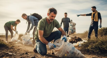 Community volunteers cleaning beach for environmental conservation effort