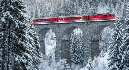 Scenic winter train journey across snowy viaduct in alpine forest