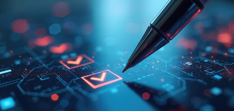 Digital pen checks glowing boxes on futuristic circuit board. Abstract tech task list with red and blue lights. Success, data, and planning concept.