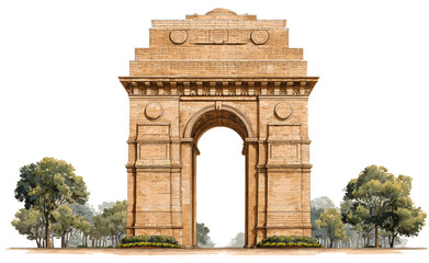 Majestic Historic Archway of a Large Stone Monuments Surrounded by Green Trees in Clear Sky