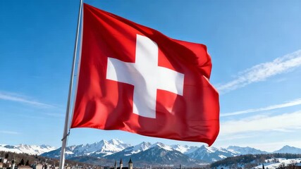 A large Swiss flag flutters strongly in the wind while the camera stays static The white cross waves against a bright red field, revealing a backdrop of alpine peaks and a sunlit Swiss cityscape below - Powered by Adobe