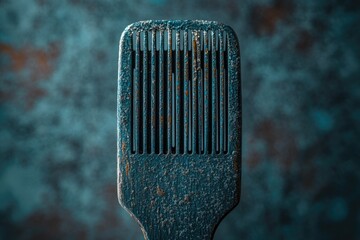 Close-up of a weathered, dark teal hair pick. Its heavily textured, rustic surface with hints of rust, against a moody, blurred background.