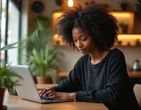 Young afro woman works on laptop at cafe. Female student types on keyboard. Freelancer works on computer. Pretty girl studies online. Digital nomad works remotely at coffee shop.