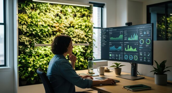 Modern office workspace with green wall and data analysis on computer screen for eco-friendly work environment concept