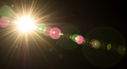 Radiant sunburst with prominent lens flare and colorful bokeh circles, suggesting warmth and illumination