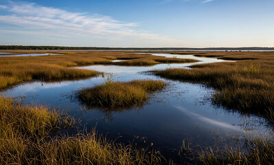 Fototapeta premium Peaceful Marshland Landscape with Calm Water and Tall Dry Grass