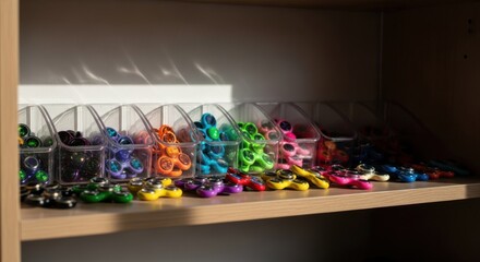 Naklejka premium Colorful fidget spinner collection on display shelf for stress relief and relaxation