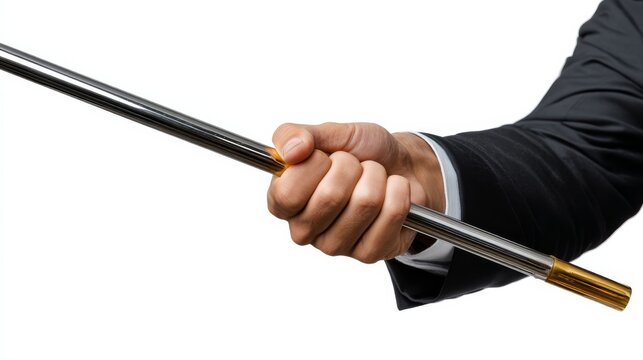 Close-up of a hand in a formal suit holding a glass cleaning squeegee, emphasizing the action of cleaning