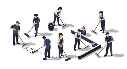 Team of workers cleaning and sweeping urban space for community efforts and road maintenance