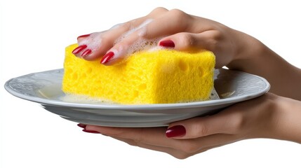 Elegant female hand holding a yellow sponge covered with soap suds on a white plate, showcasing cleanliness and care
