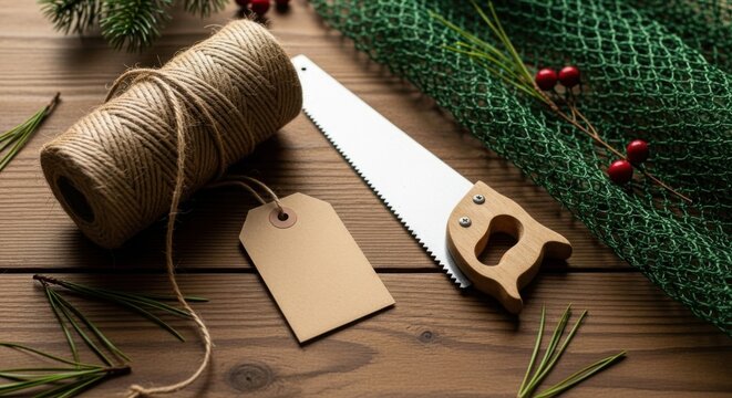 Rustic holiday crafting scene with twine, saw, and gift tag for creative christmas decor design