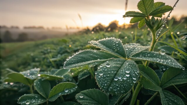 Sparkling morning dew glistens on lush green clover leaves as golden sunrise paints the misty meadow with soft, ethereal light.
