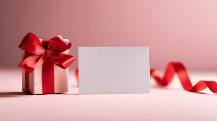 pink background gift box with red ribbon and blank card minimal romantic scene