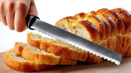 A female hand slicing freshly baked bread with a serrated knife on a wooden cutting board, showcasing golden crust and soft interior