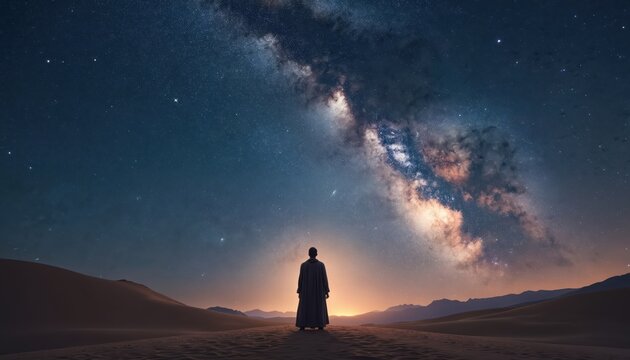 Lone person in robe stands on desert dunes at night. Look up at vast starry sky, seeing bright Milky Way galaxy. Evokes sense of wonder, spiritual journey, divine connection, old testament, bible
