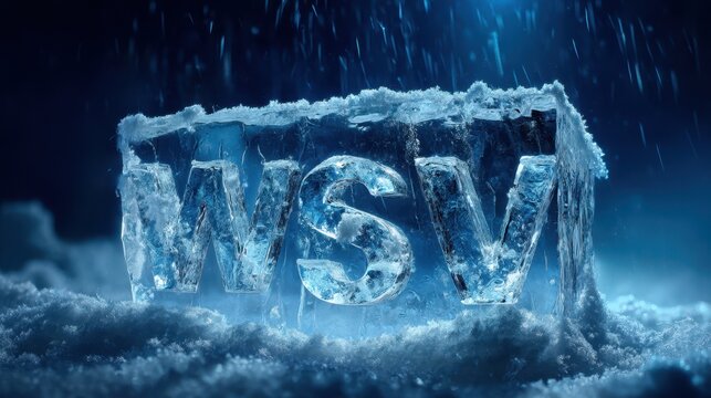WSV Headline Carved in a Large Ice Block Set in Deep Blue Winter Snow