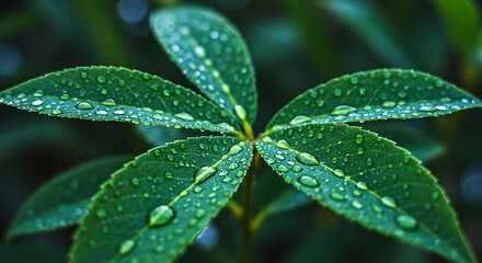 Macro Shot of Raindrops on Vibrant Green Leaves, Highlighting Nature's Delicate Beauty