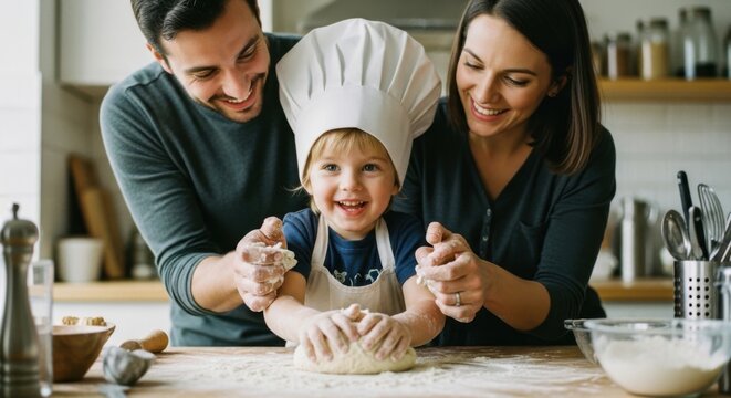 Family baking joy in kitchen with smiling child in chef hat