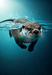 Playful otter swimming gracefully underwater with bubbles, a captivating marine animal in its natural habitat, engaging wildlife scene