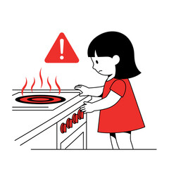 Curious girl touching stove knob with danger symbol on white background with copy space