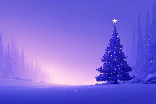 Glowing christmas tree in a foggy winter forest with a star on top purple and blue xmas winter night background digital illustration