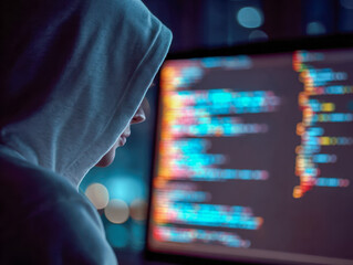 Person in a hoodie working on a computer with colorful code displayed on the screen in a dimly lit environment focusing on programming and cybersecurity themes