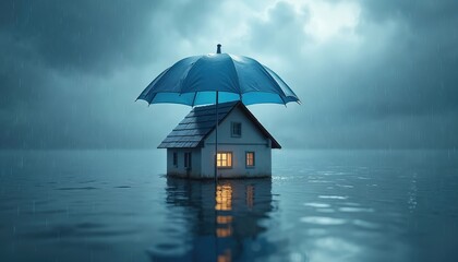 House stands in flood water under blue umbrella shielding it from heavy rain. Home is safe from severe weather and potential damage. Concept of property protection and insurance.