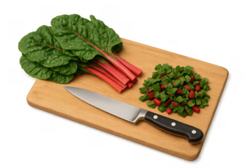 Fresh red swiss chard or beet greens on a wood cutting board with a knife, preparing ingredients for healthy cooking, transparent background
