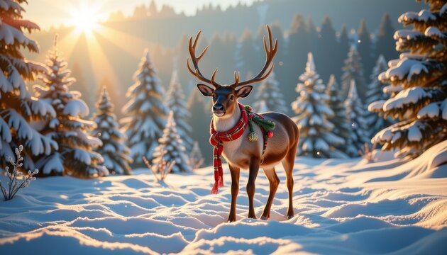 A festive reindeer wearing a red plaid scarf stands in a sunlit snowy forest clearing - Powered by Adobe