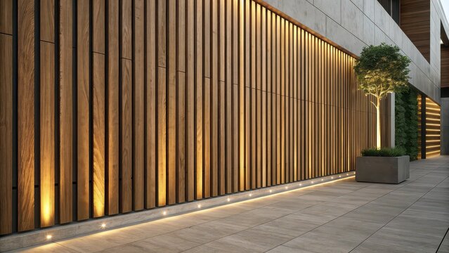 Modern architectural facade showcases warm wood paneling and elegant uplighting creating a sophisticated ambiance for commercial spaces